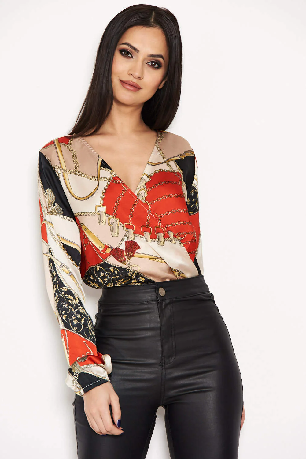 Black Printed Wrap Bodysuit - Image 4
