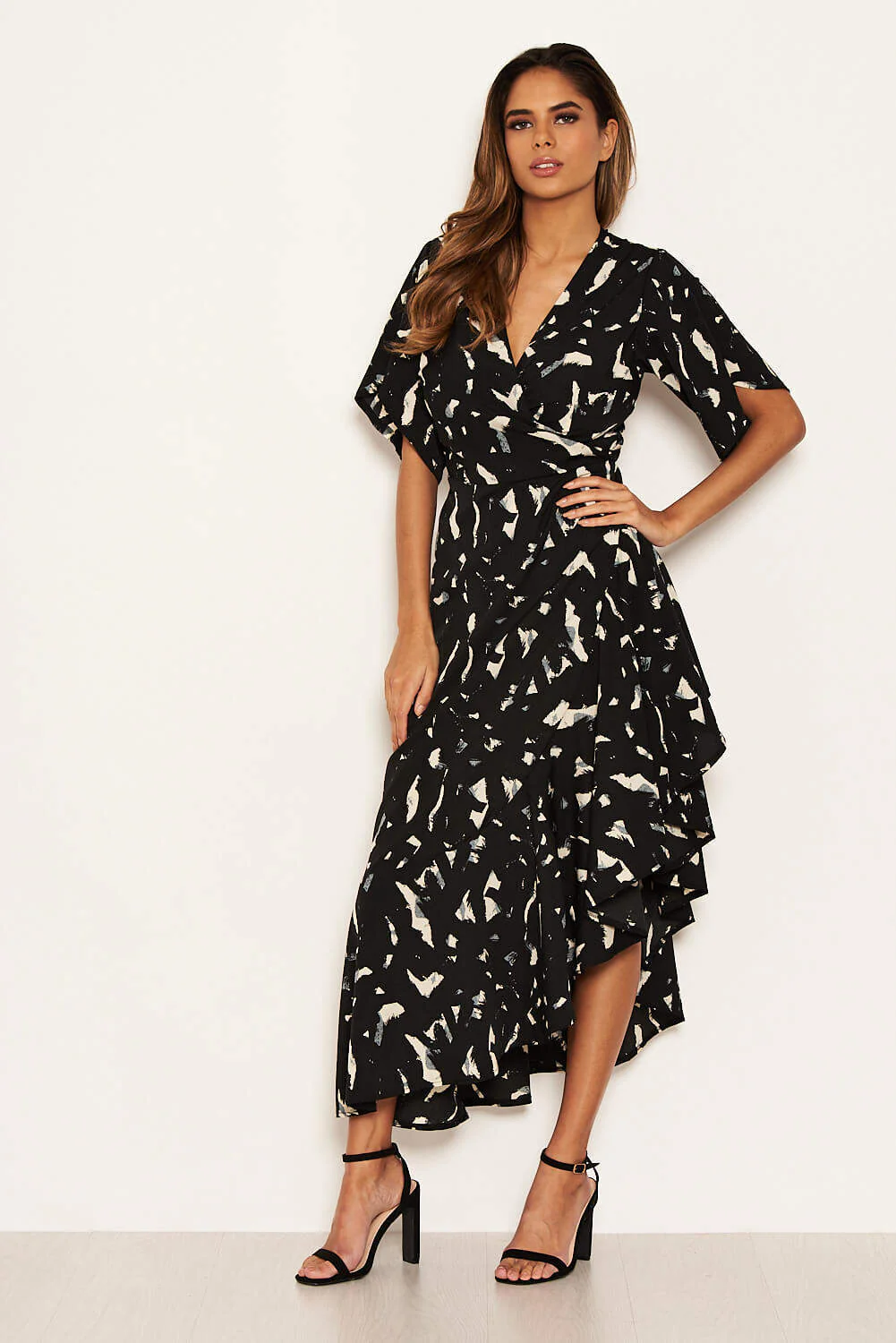 Black Printed Wrap Side Frill Dress - Image 2