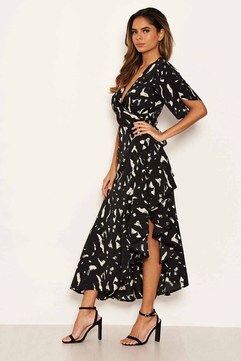 Black Printed Wrap Side Frill Dress - Image 3