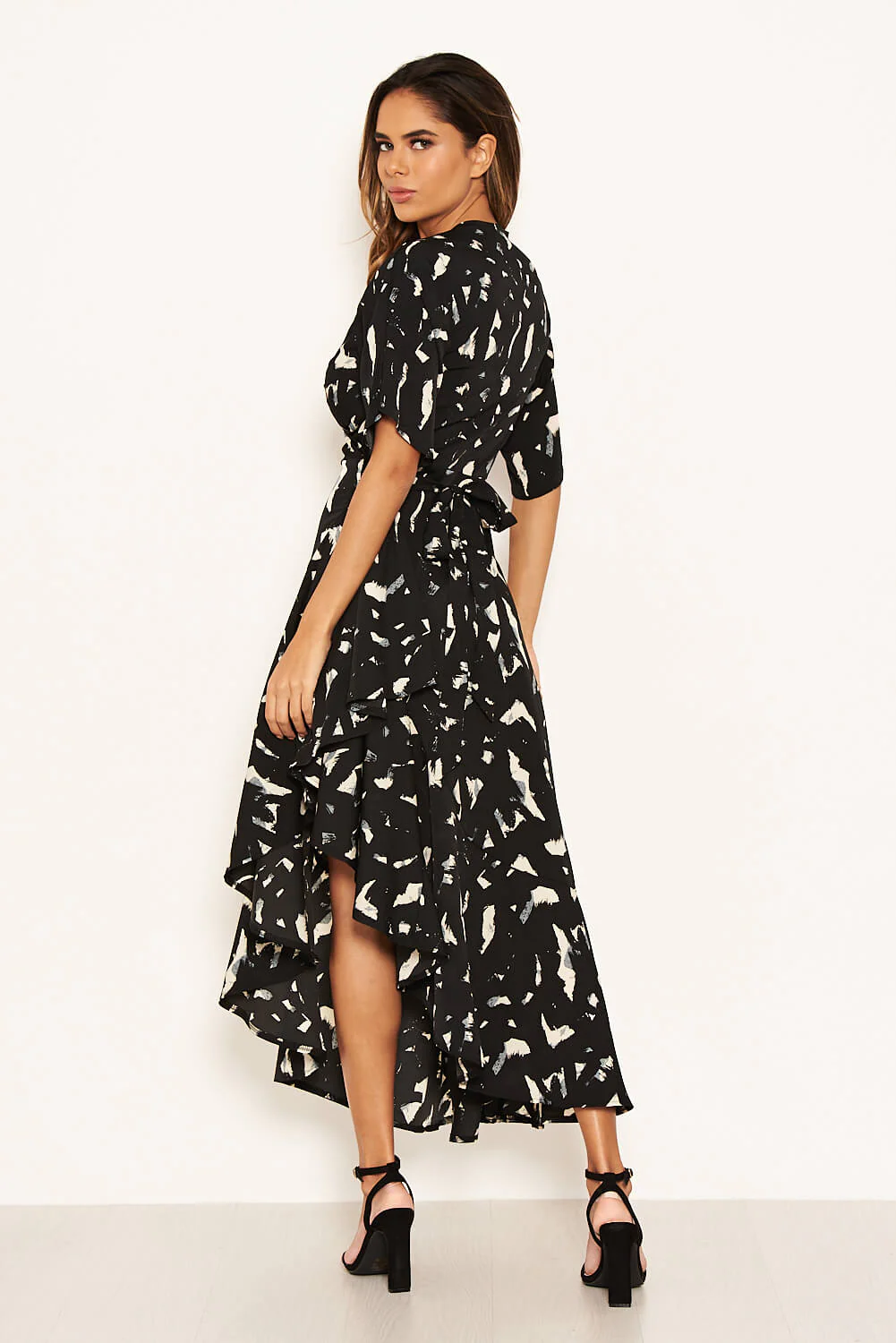 Black Printed Wrap Side Frill Dress - Image 5
