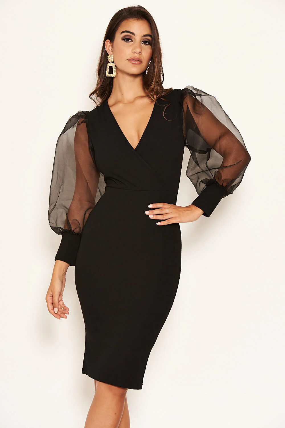 Black Puff Sleeve Midi Dress - Image 3