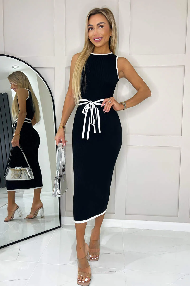 Black Ribbed Contrast Detail Knitted Dress - Image 3