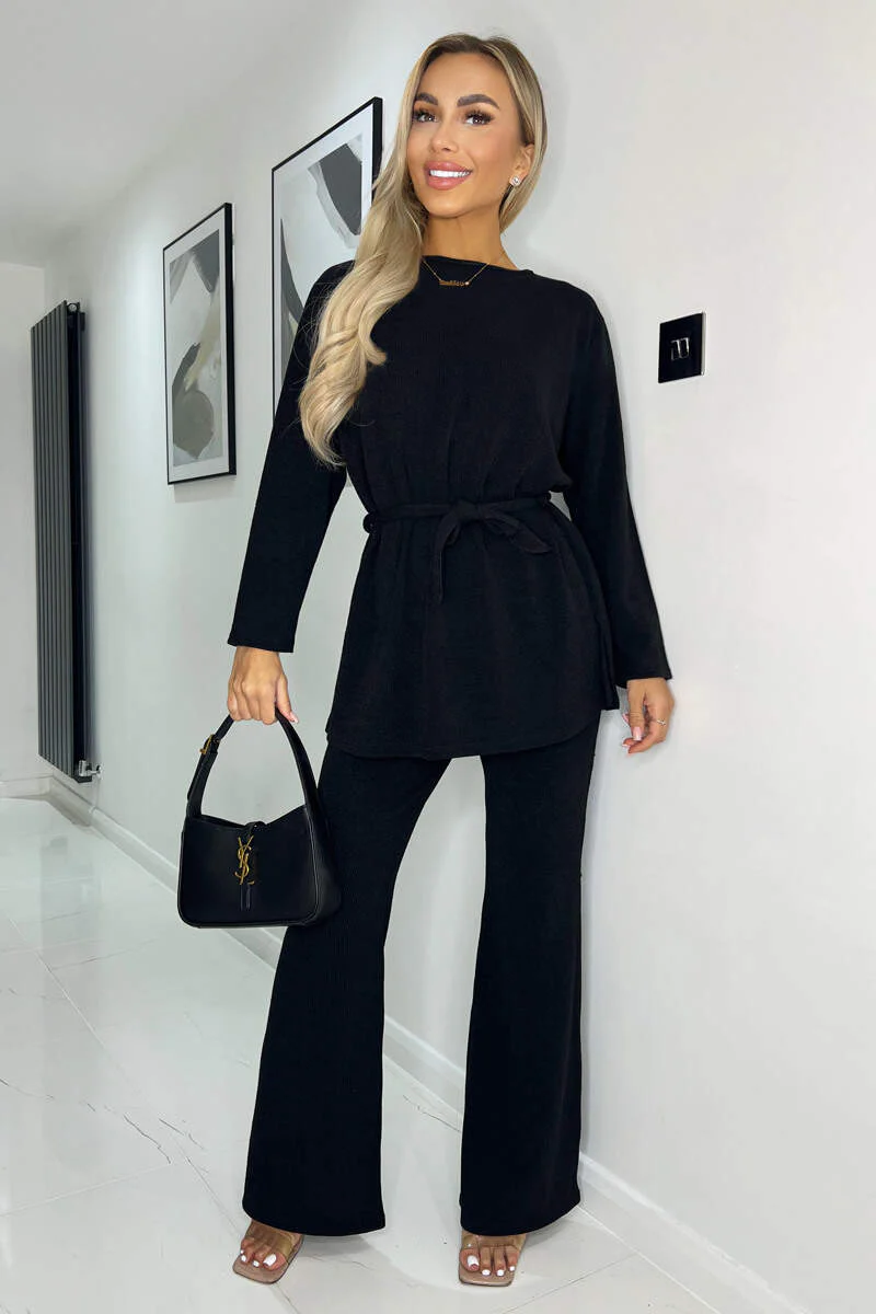 Black Ribbed Knit Long Sleeve Tie Waist Lounge Top - Image 2