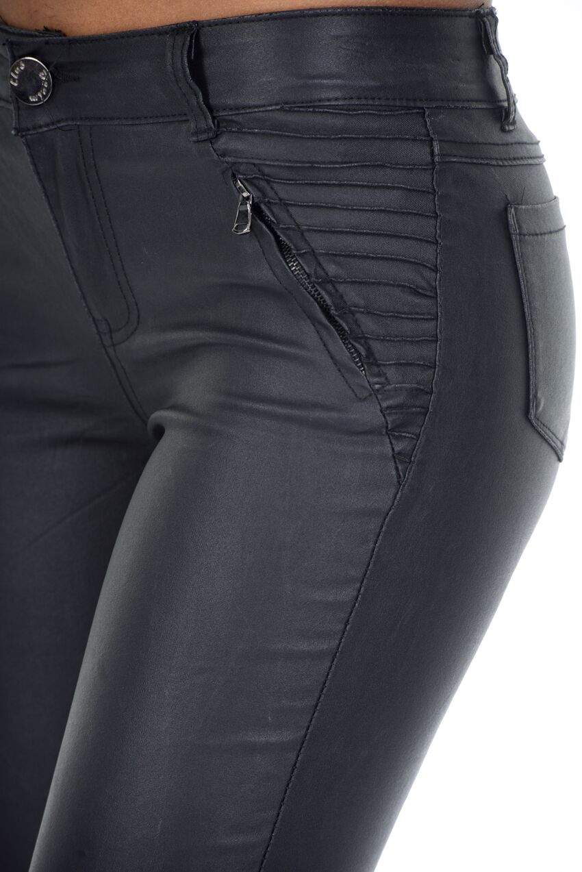 Black Ribbed Leather Look Skinny Jeans - Image 3