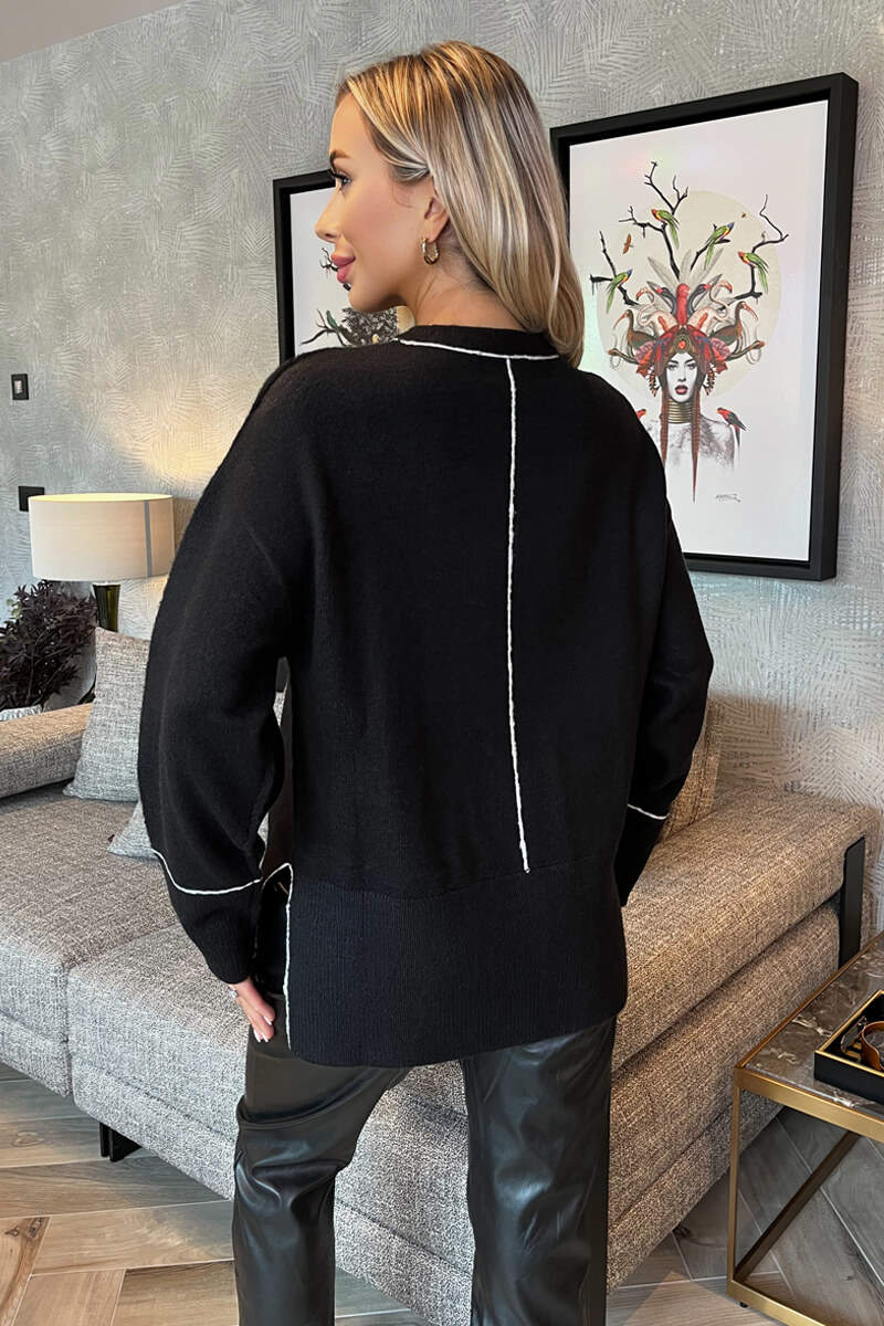 Black Round Neck Contrast Piping Detail Jumper - Image 4