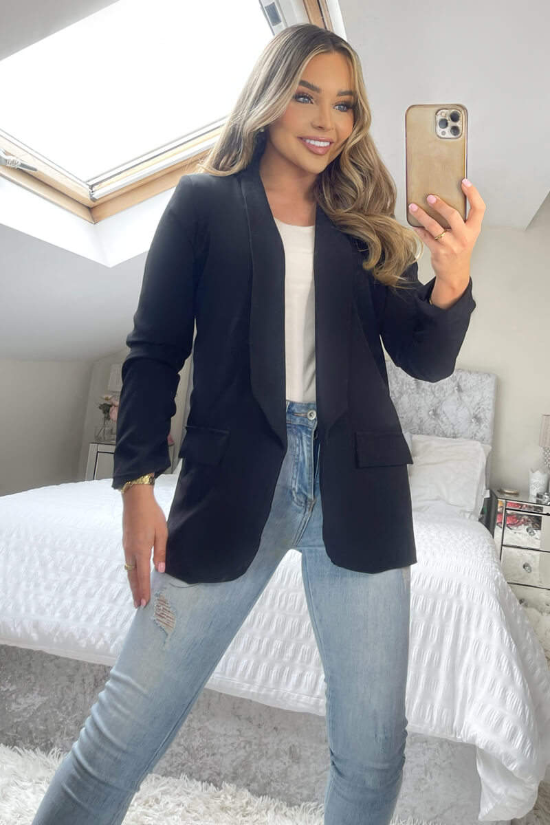Black Ruched Detail Sleeve Blazer - Image 4