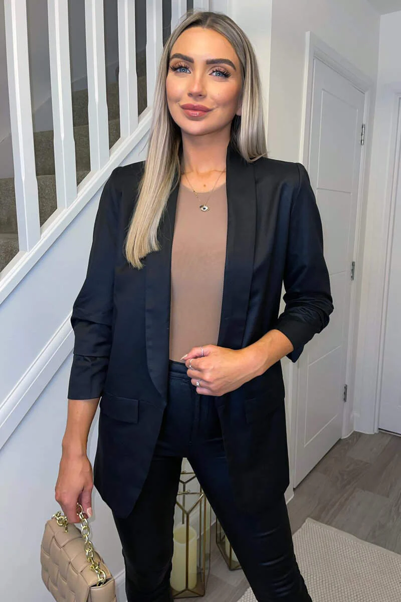Black Ruched Sleeve Blazer - Image 2
