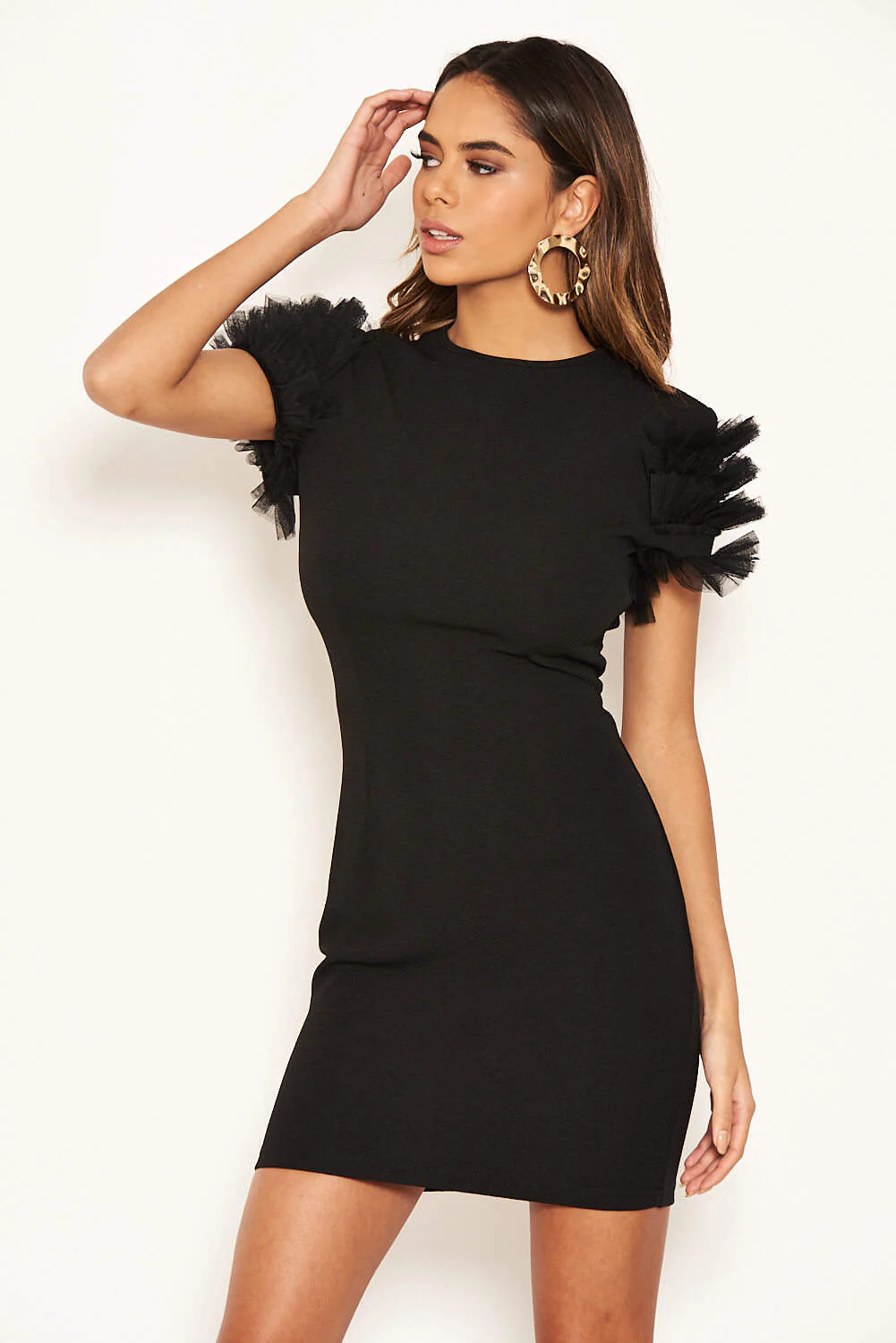 Black Ruffle Mesh Sleeve Bodycon Dress - Image 2