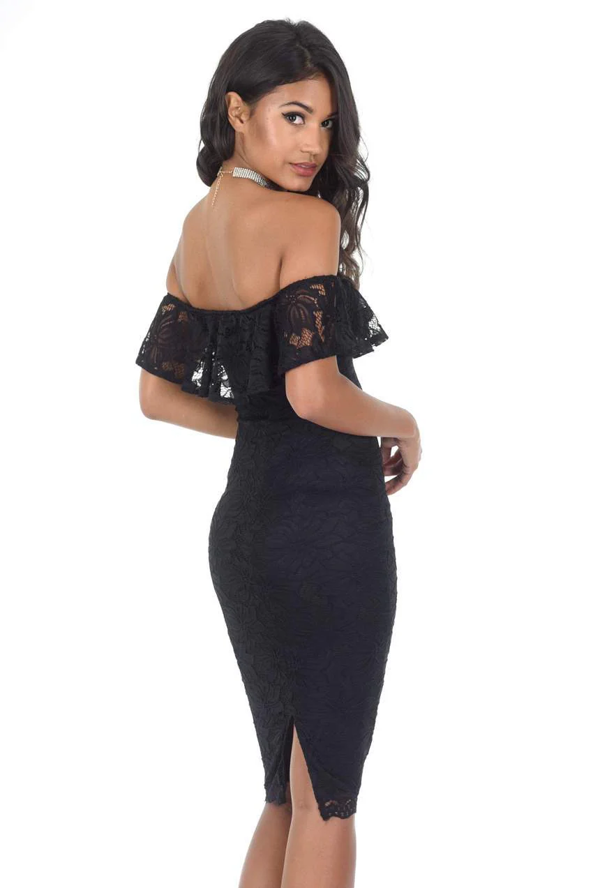 Black Ruffled Off The Shoulder Lace Midi Dress - Image 3