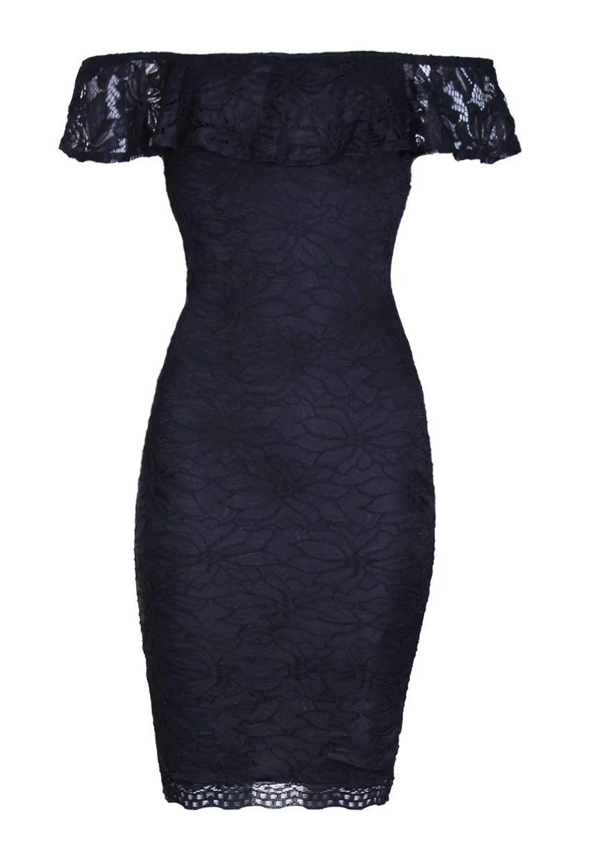 Black Ruffled Off The Shoulder Lace Midi Dress - Image 4