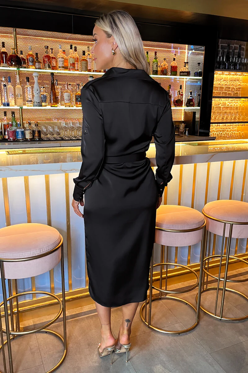 Black Satin Belted 3/4 Sleeve Gold Buttons Shirt Midi Dress - Image 4