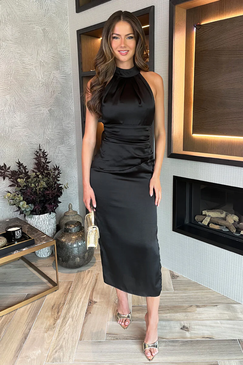 Black Satin Halter Neck Side Split Midi Dress - Image 2
