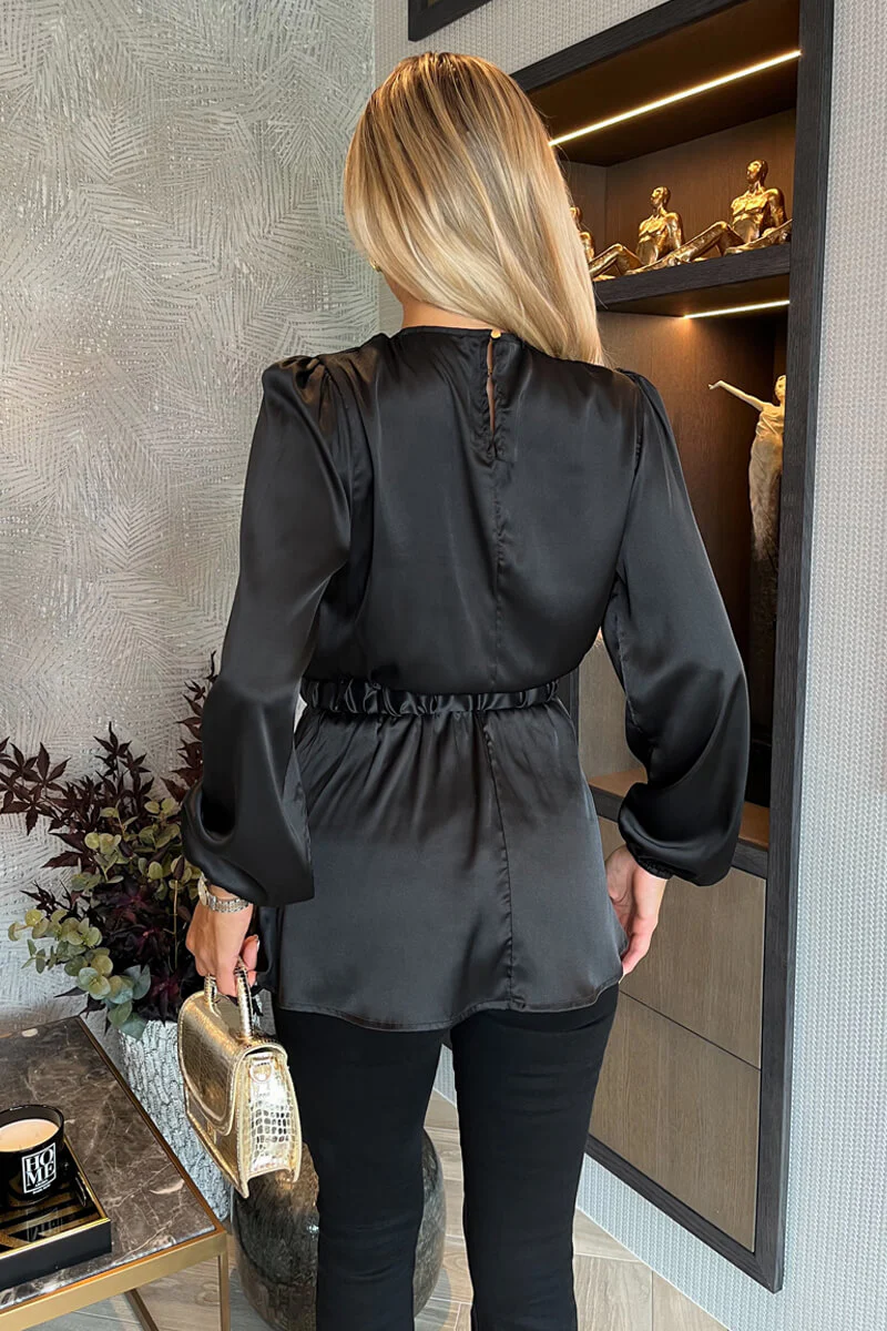 Black Satin Long Sleeve Gold Detail Belt Top - Image 5
