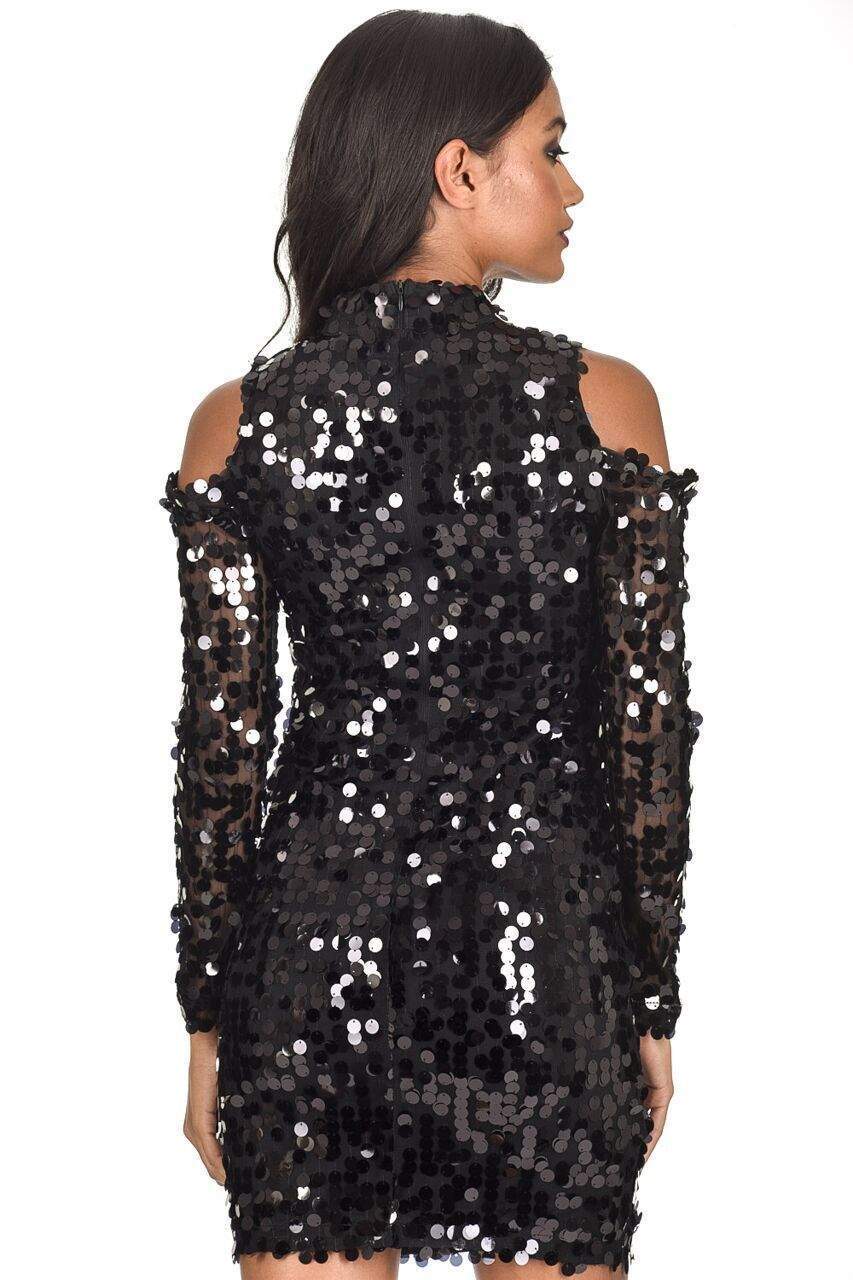 Black Sequin Cut Out Shoulder Dress - Image 3