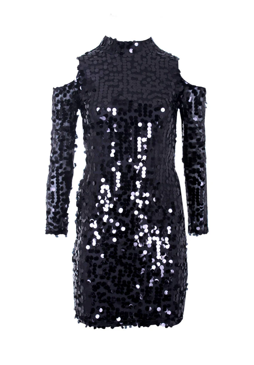 Black Sequin Cut Out Shoulder Dress - Image 4
