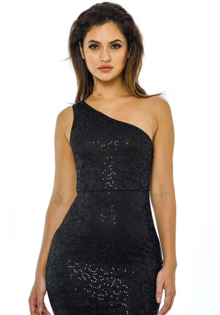 Black Sequin One Shoulder Maxi Dress - Image 2
