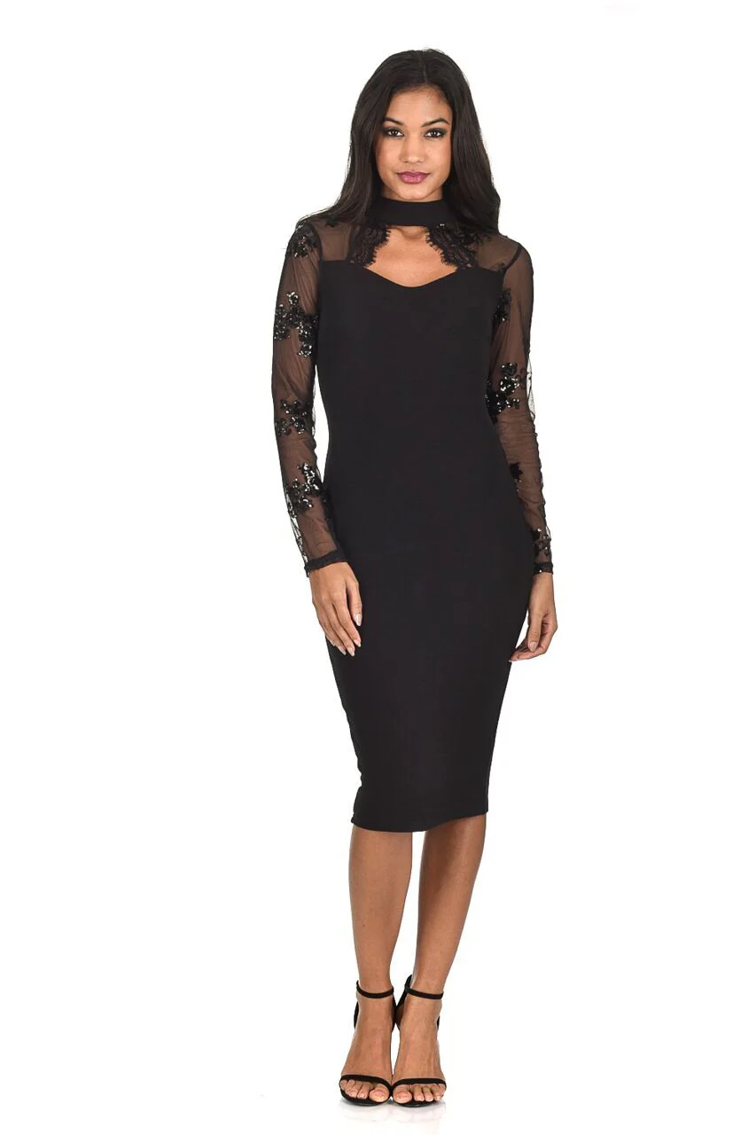 Black Sequin Sleeved Dress - Image 2
