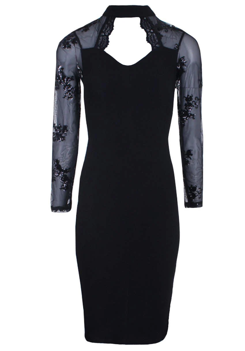 Black Sequin Sleeved Dress - Image 4
