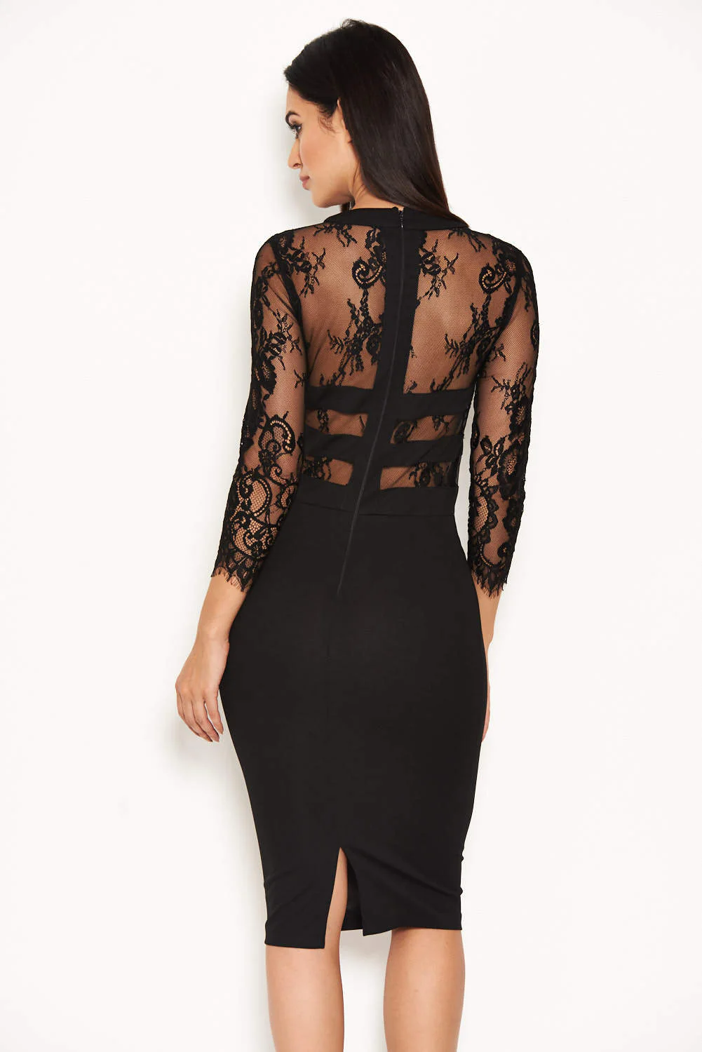 Black Sheer Lace Panel Midi Dress - Image 3