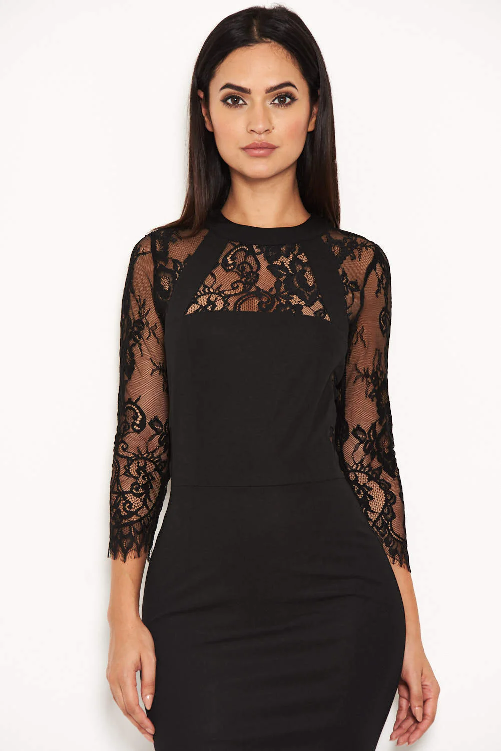Black Sheer Lace Panel Midi Dress - Image 4