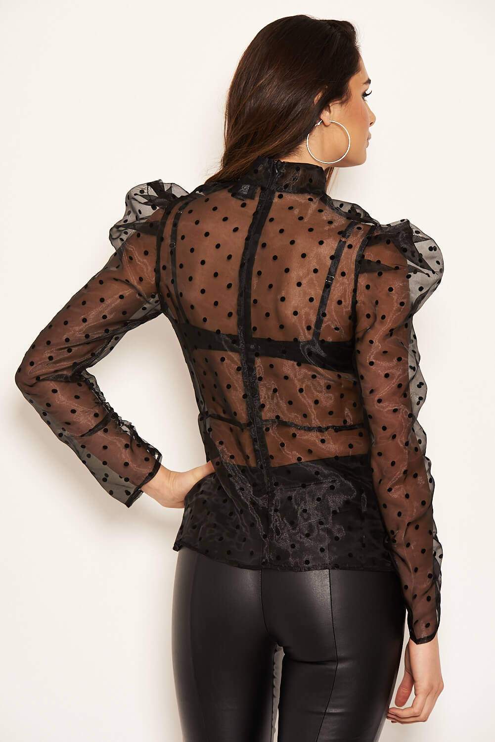 Black Sheer Polka Dot Puff Sleeve Top - Image 4