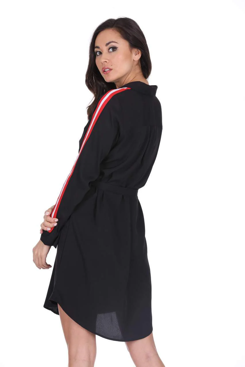 Black Shirt Dress With Stripe Detail And Tie Waist - Image 3