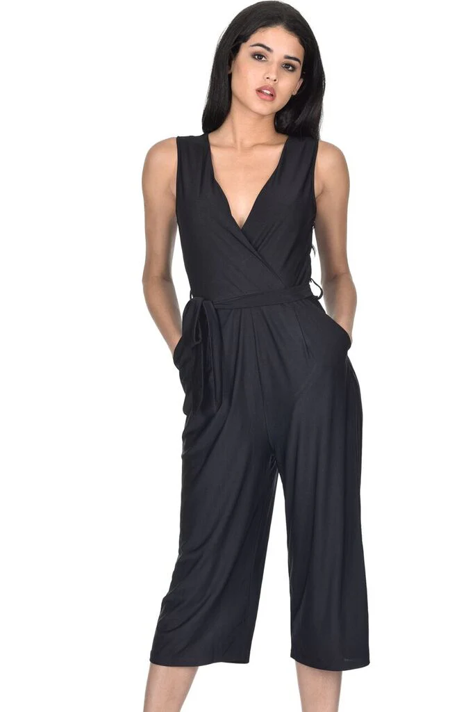 Black Slinky Wrap Front Culotte Jumpsuit - Image 2