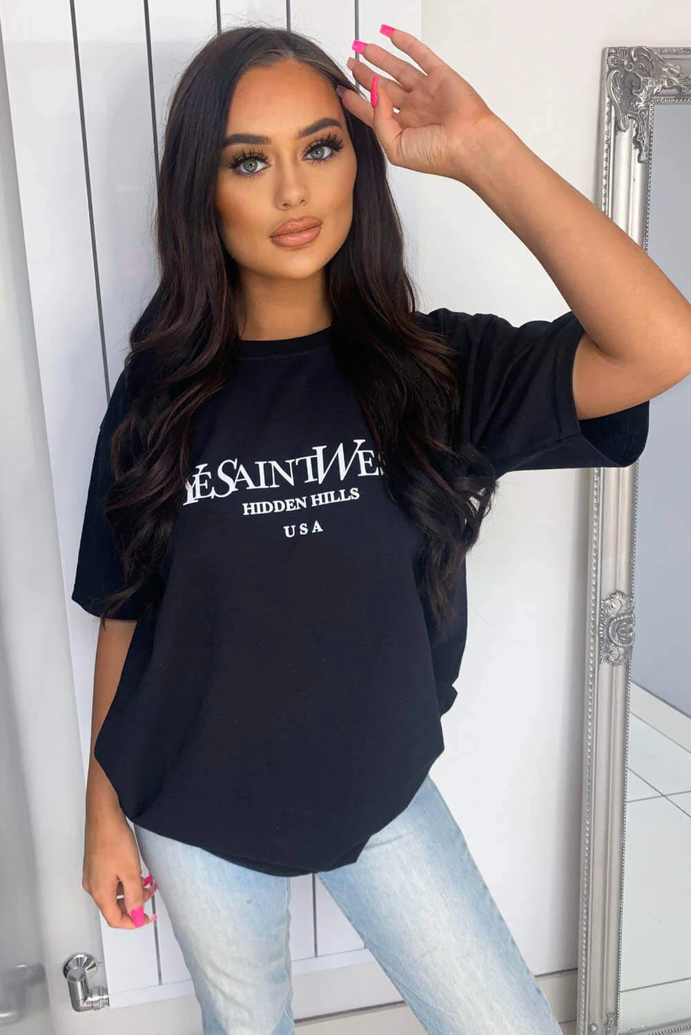 Black Slogan Printed Oversized Tee - Image 2