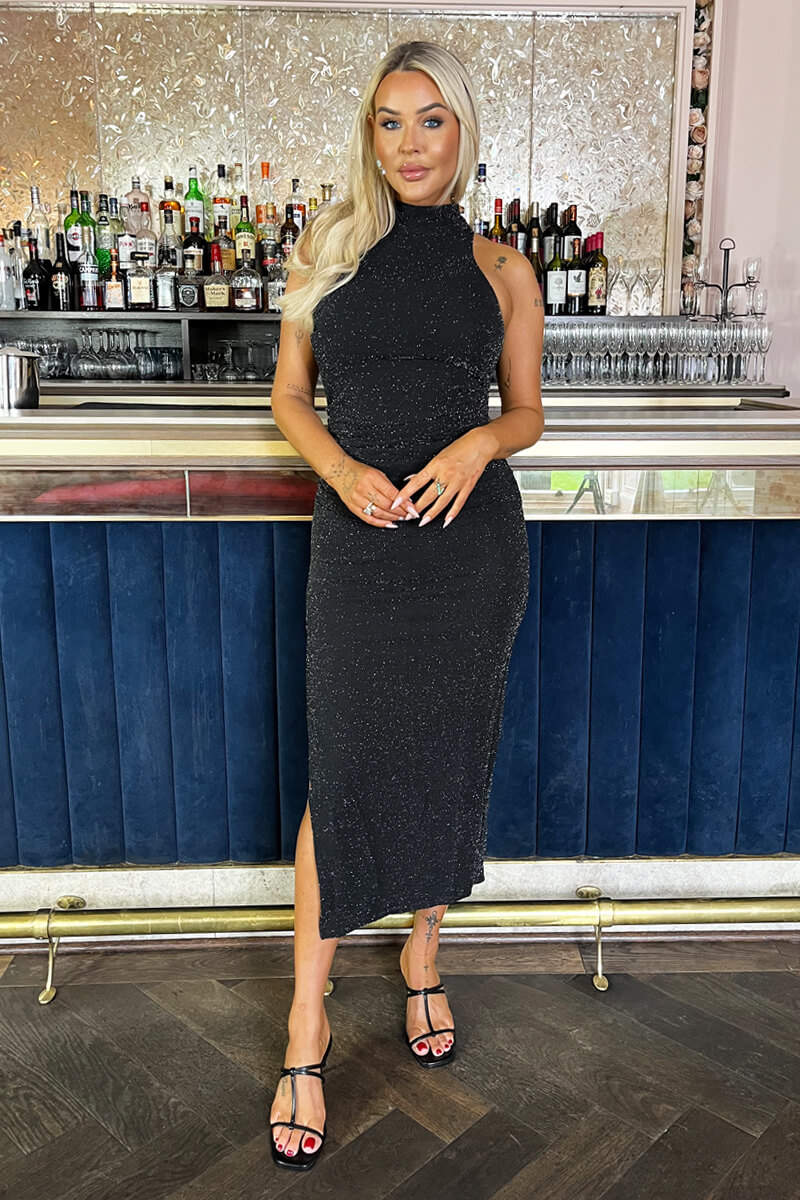 Black Sparkle Halter Neck Ruched Bodycon Midi Dress - Image 2