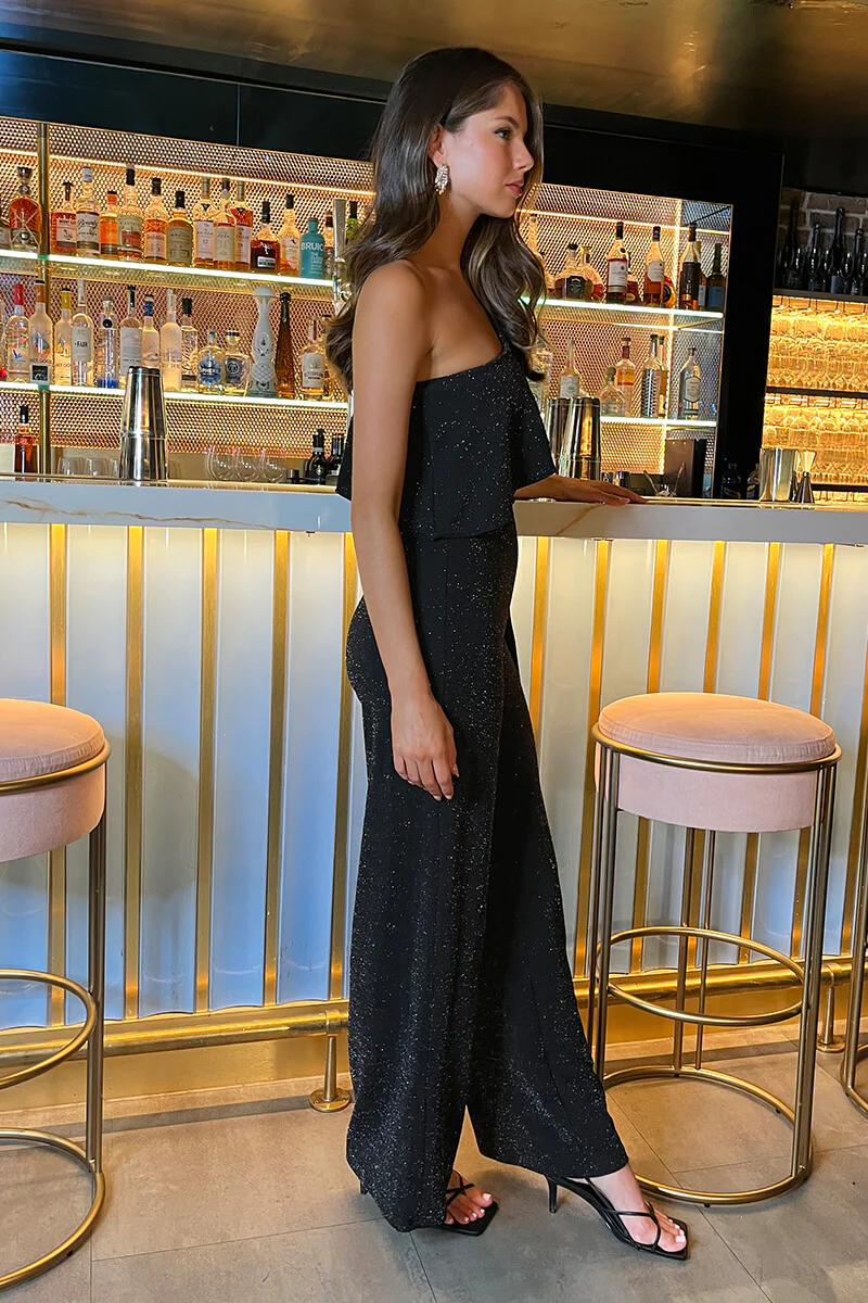 Black Sparkle One Shoulder Frill Belted Jumpsuit - Image 4