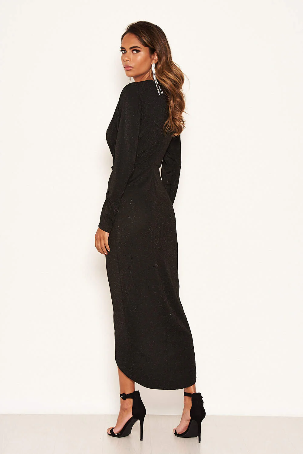 Black Sparkle Ruched Wrap Over Dress - Image 3