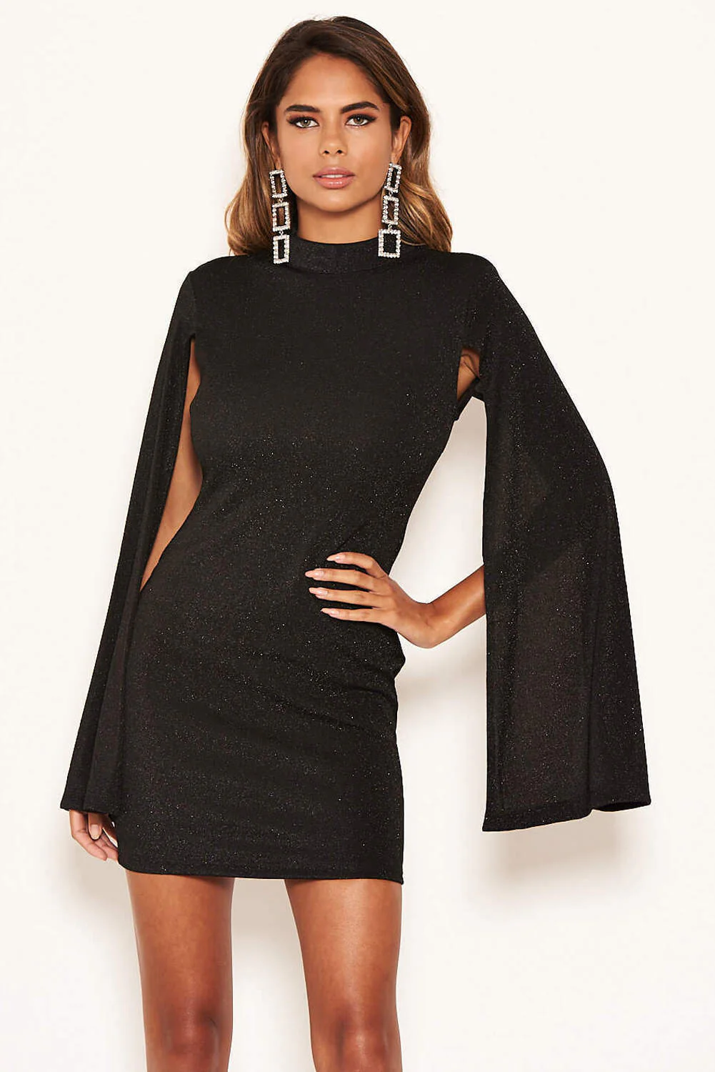 Black Sparkle Split Sleeve Bodycon Dress - Image 2