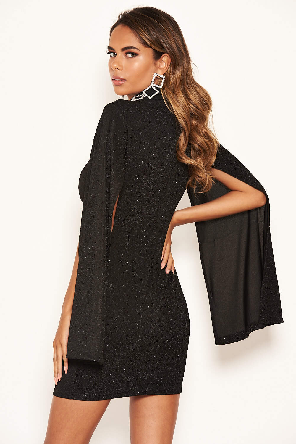 Black Sparkle Split Sleeve Bodycon Dress - Image 4