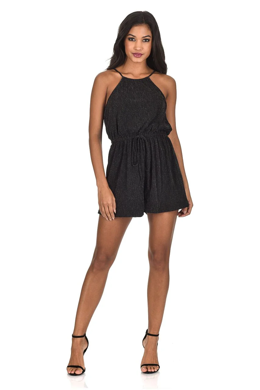 Black Sparkly Tie Waist Playsuit - Image 2