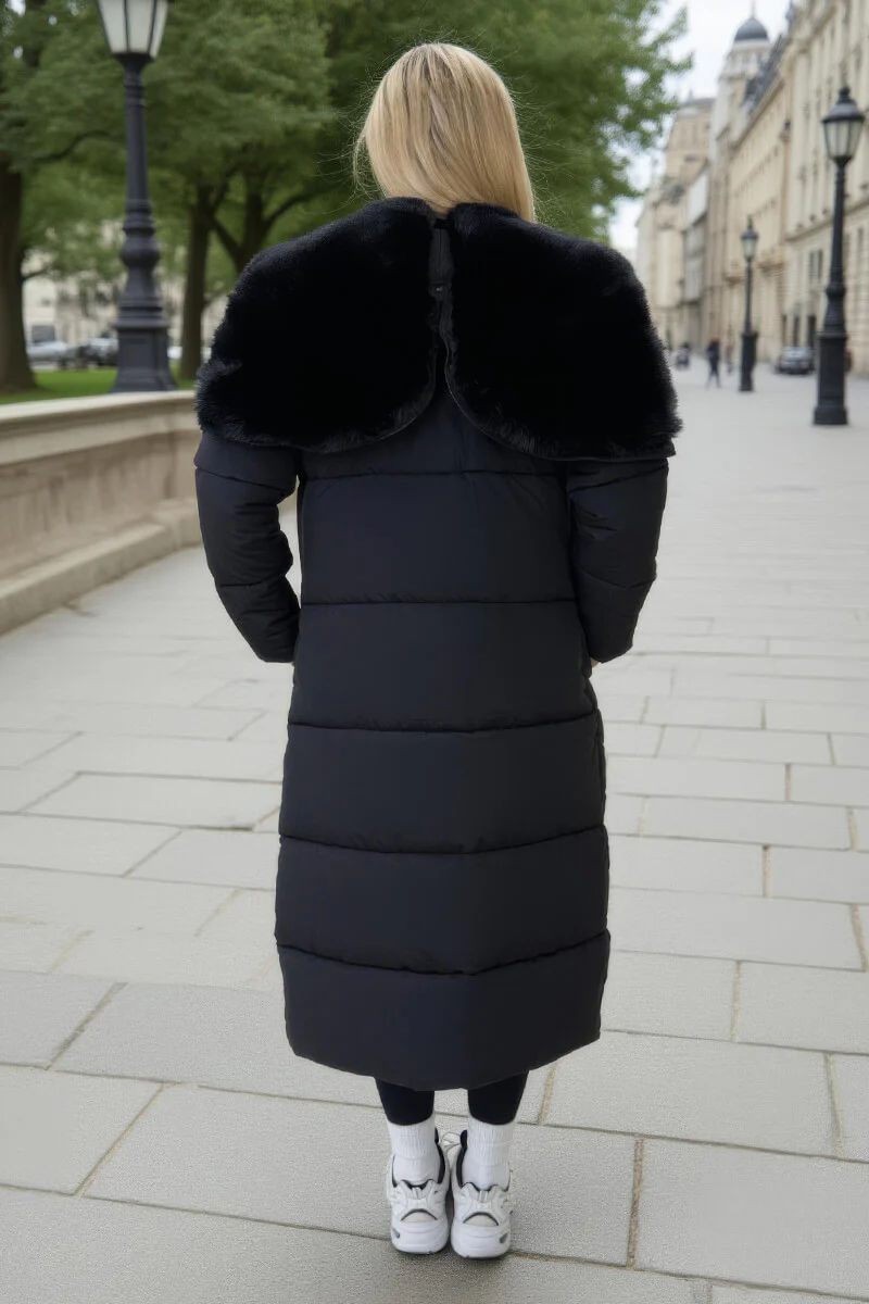Black Split Hood Longline Puffer Coat - Image 5