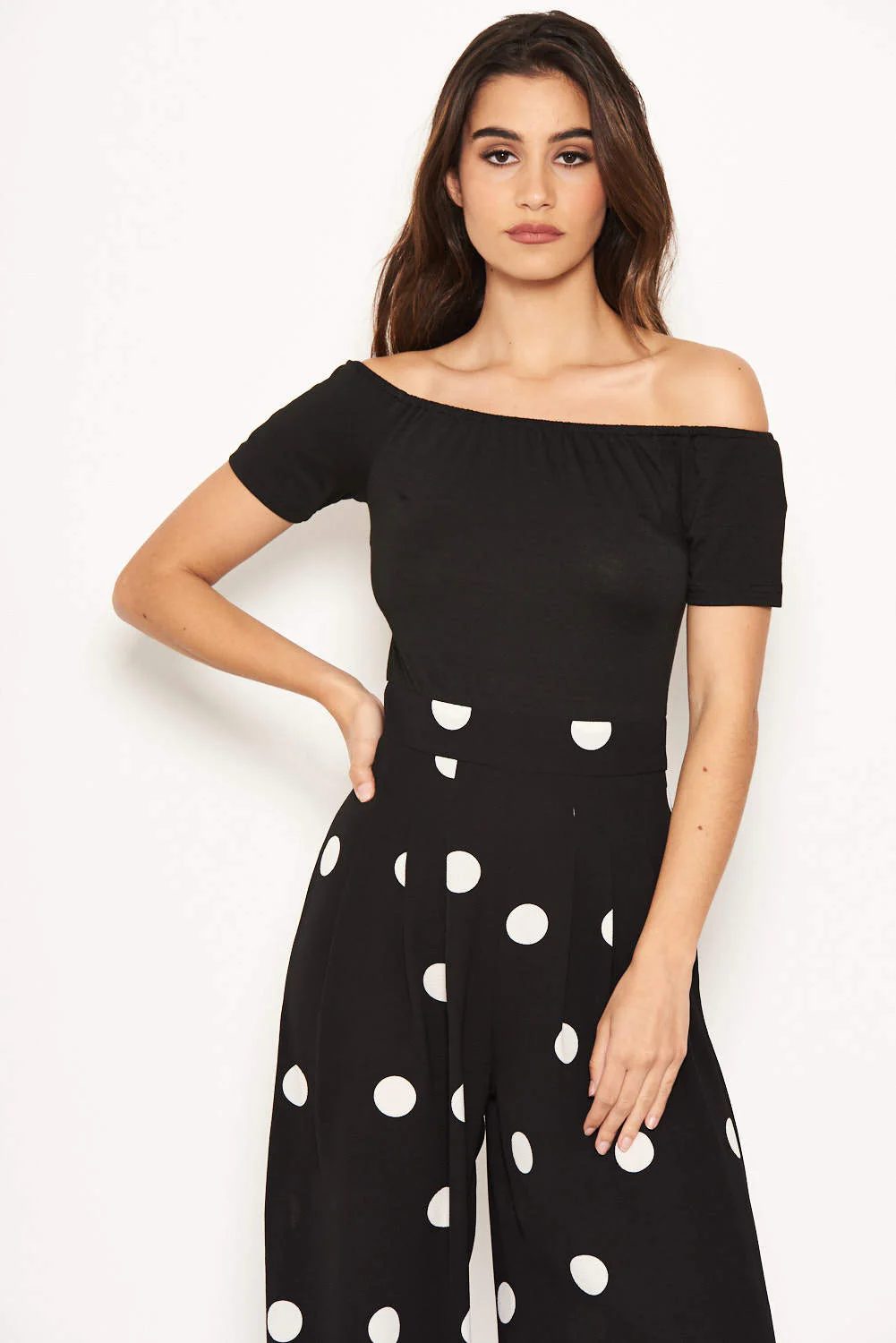 Black Spot Print Bardot Jumpsuit - Image 8