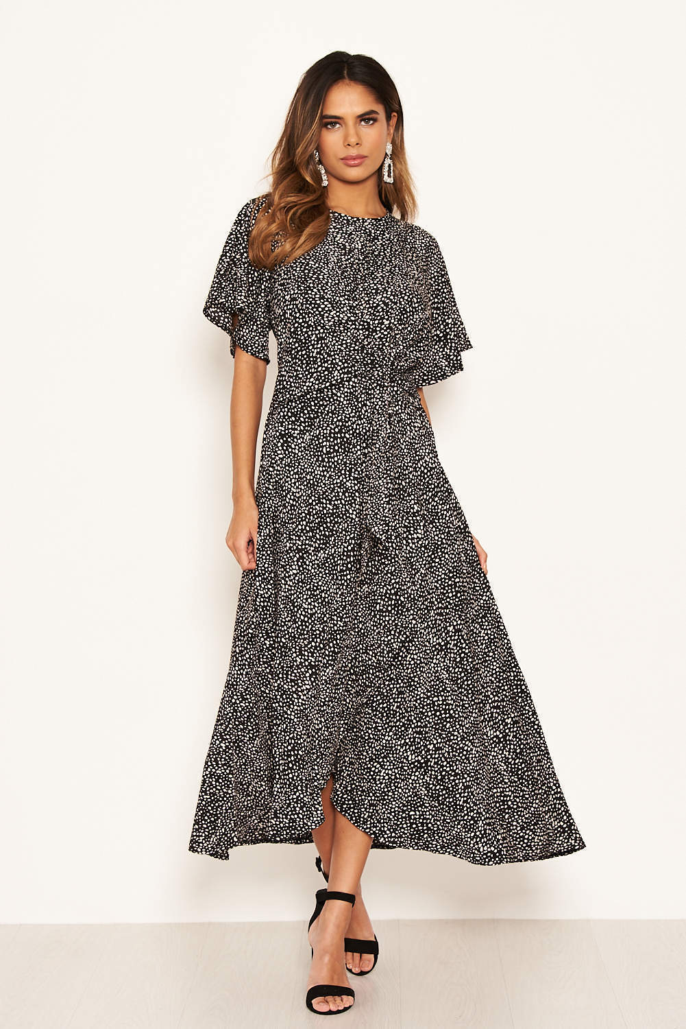 Black Spotty Flared Dress With Tie Detail - Image 2