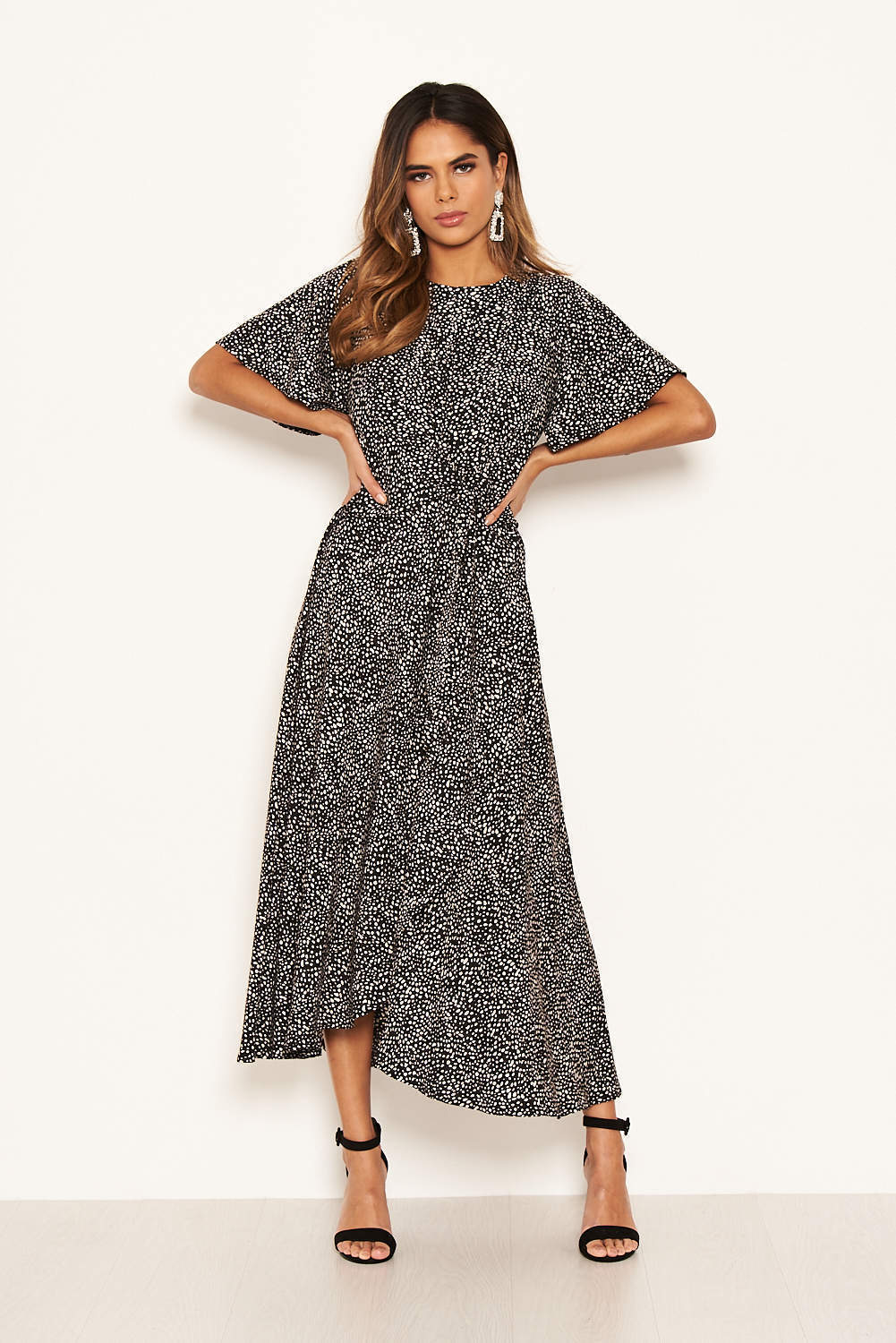 Black Spotty Flared Dress With Tie Detail - Image 3