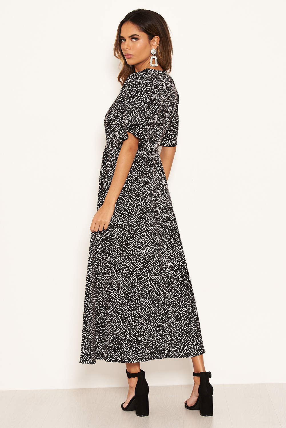 Black Spotty Flared Dress With Tie Detail - Image 5