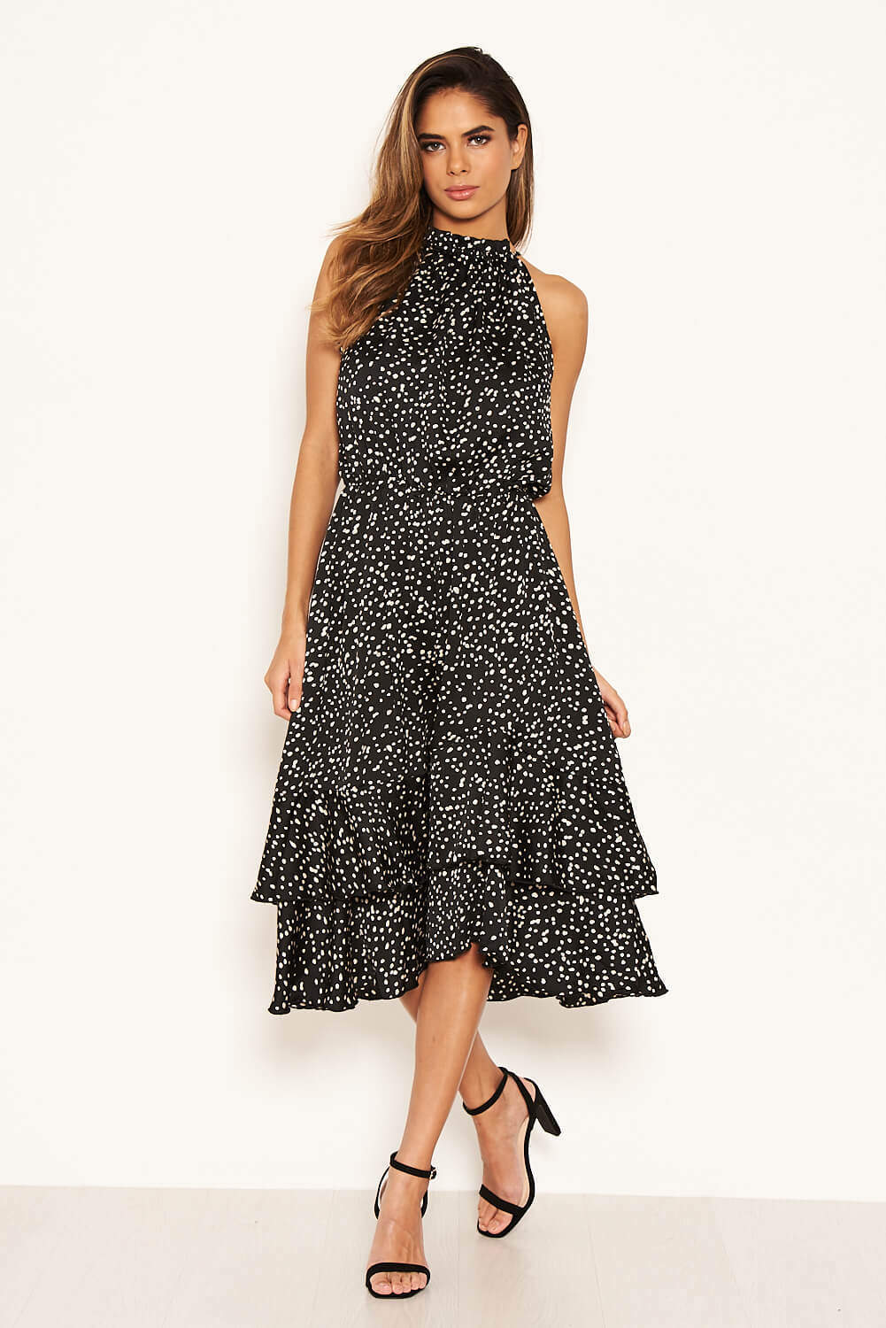 Black Spotty High Ruffle Neck Midi Dress - Image 3