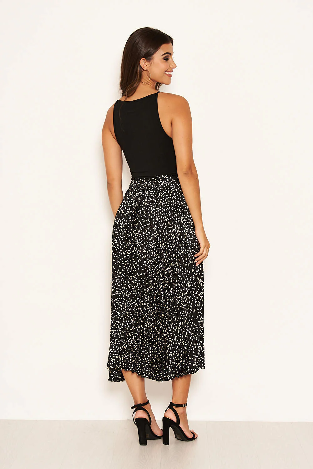 Black Spotty Pleated Midi Skirt - Image 4