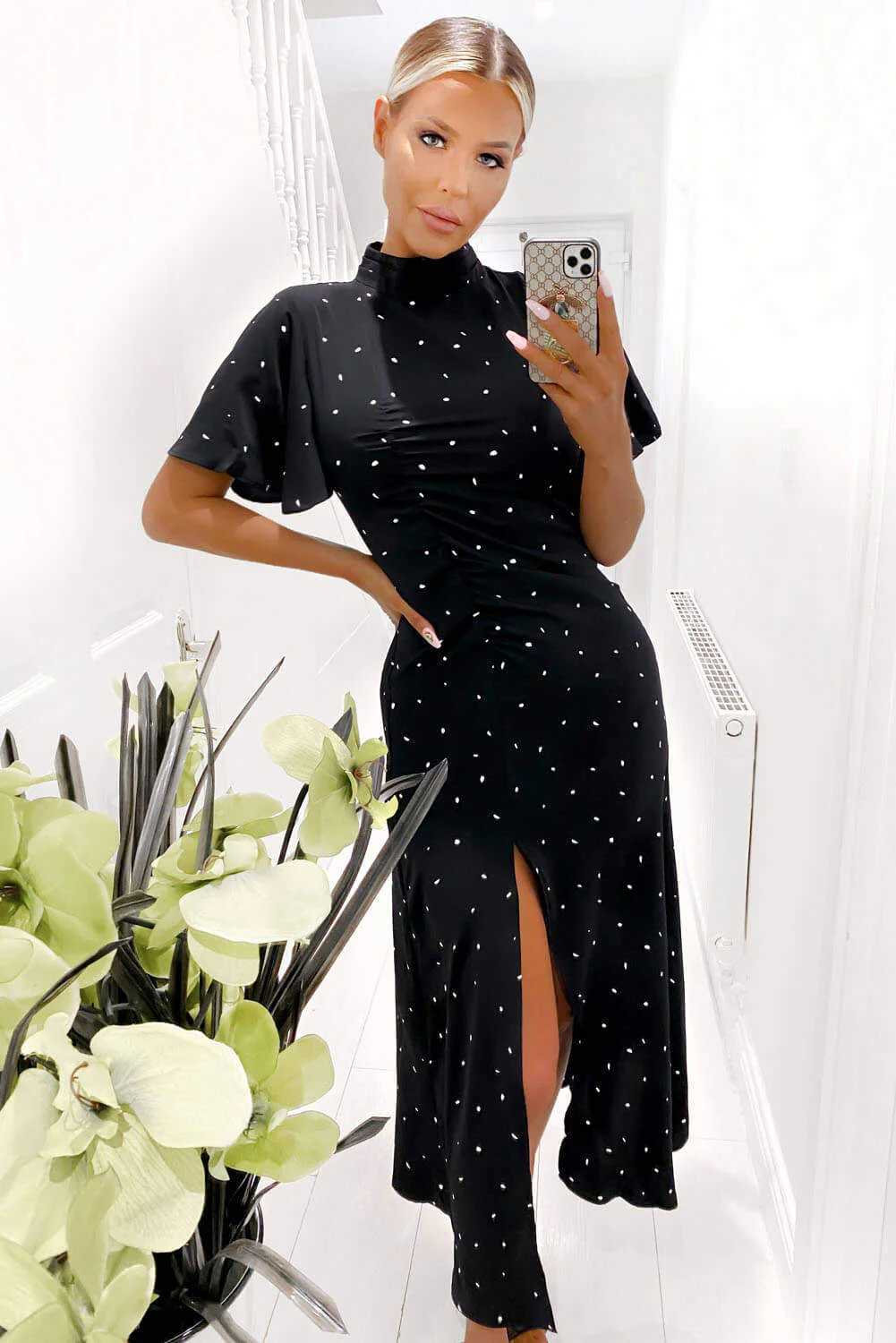 Black Spotty Ruched Split Maxi Dress - Image 3