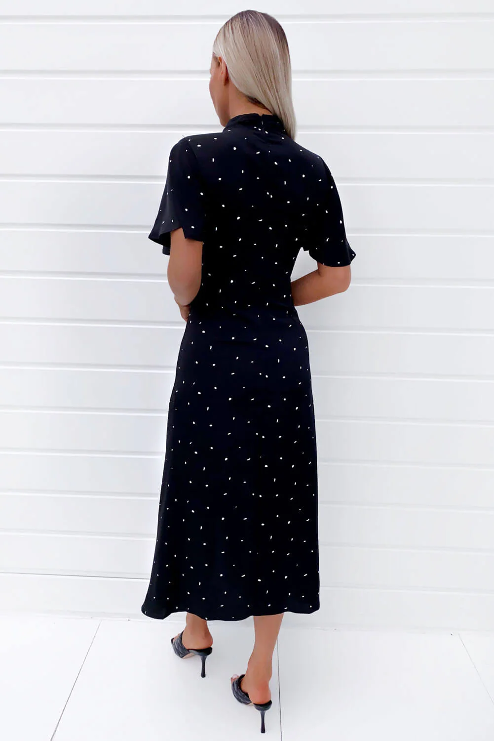 Black Spotty Ruched Split Maxi Dress - Image 4