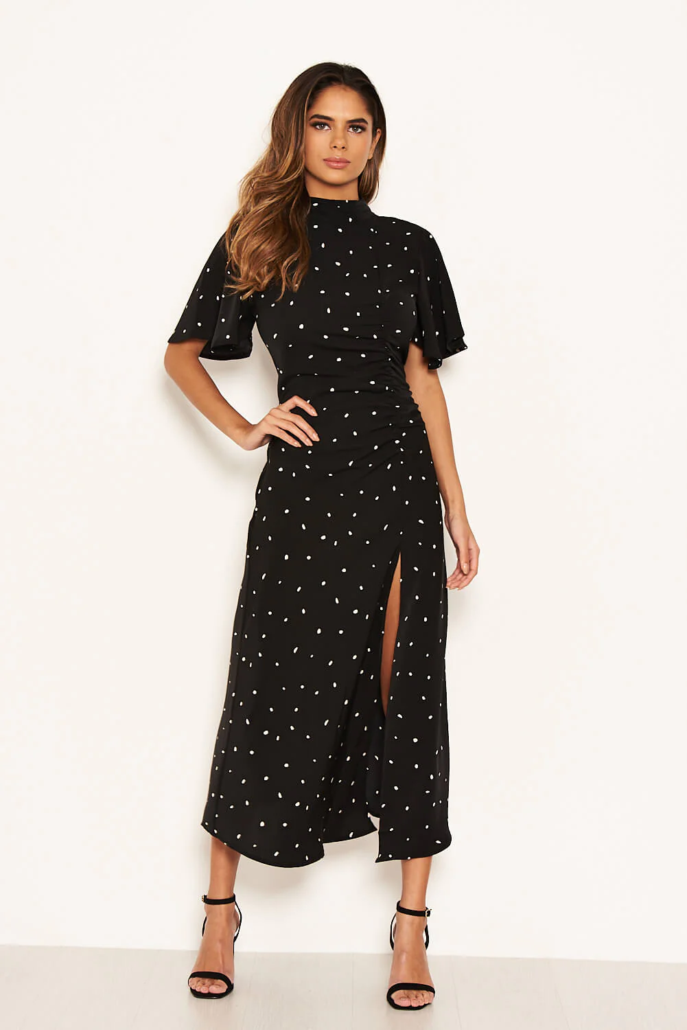 Black Spotty Ruched Split Maxi Dress - Image 5