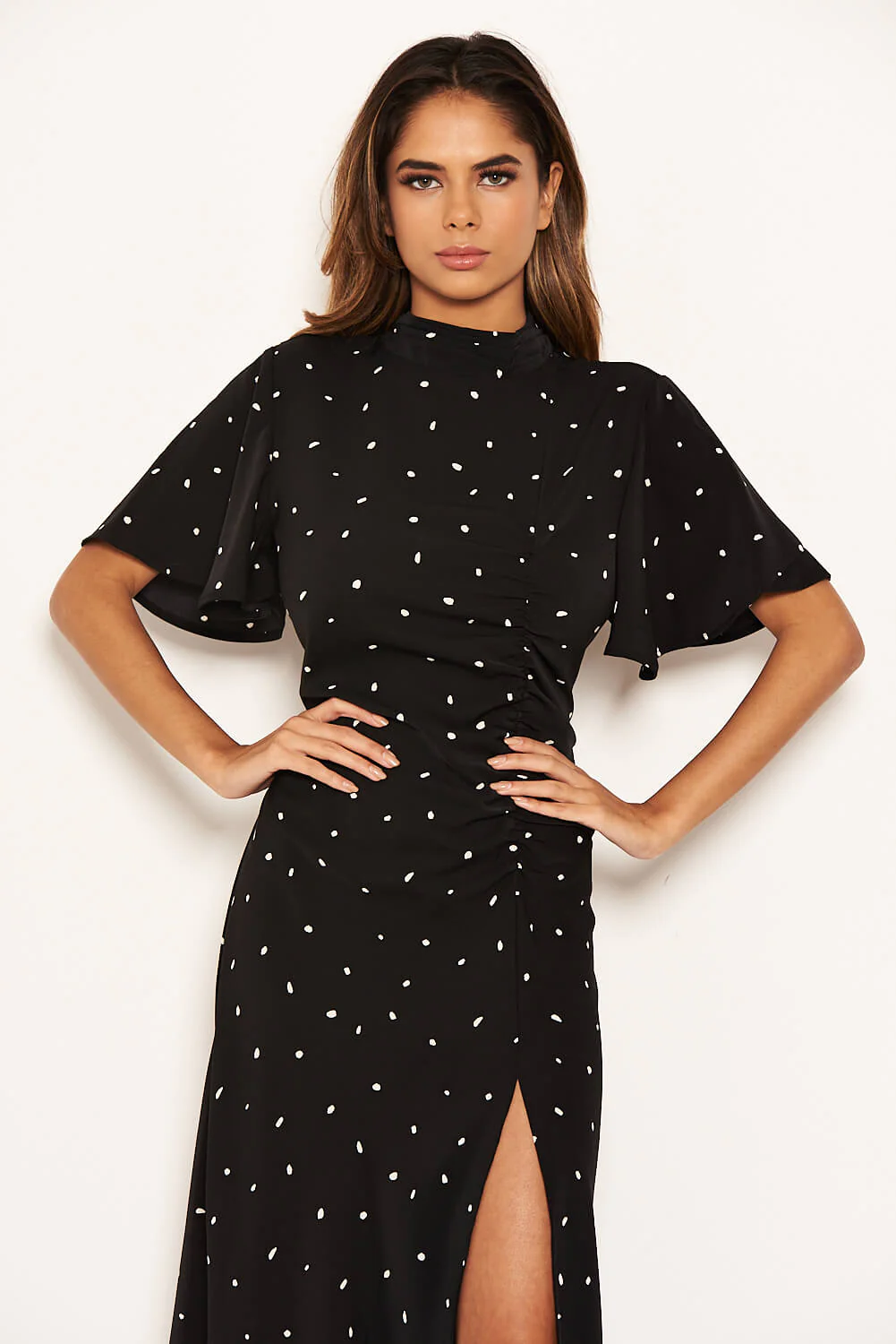Black Spotty Ruched Split Maxi Dress - Image 7