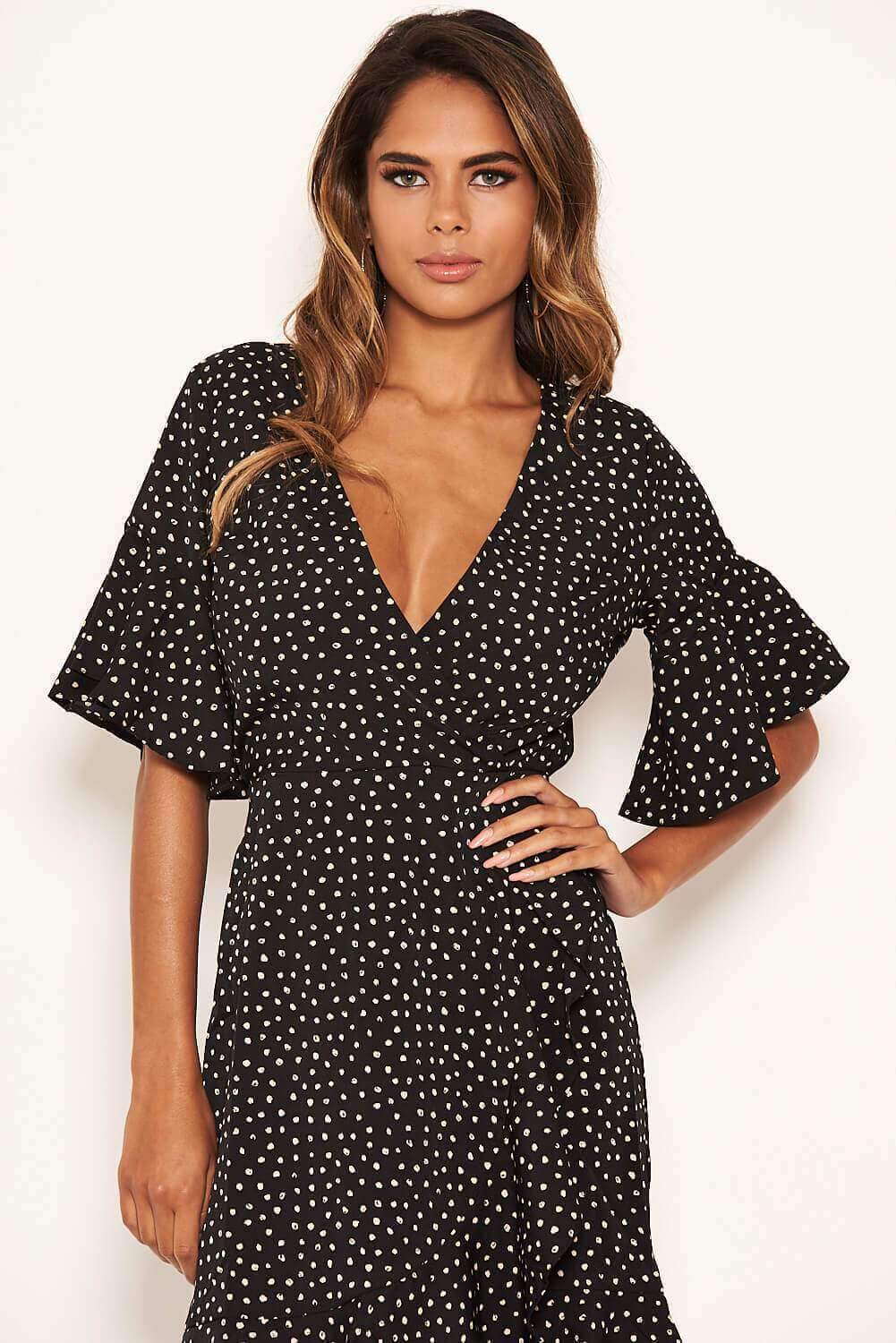 Black Spotty Wrap Frill Dress - Image 6