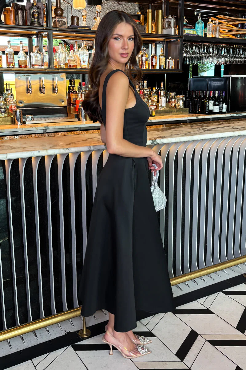 Black Square Neck A-line Midi Dress - Image 4