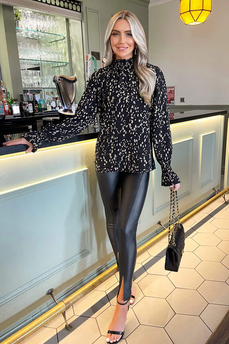 Black and Stone Animal Print High Neck Blouse - Image 2