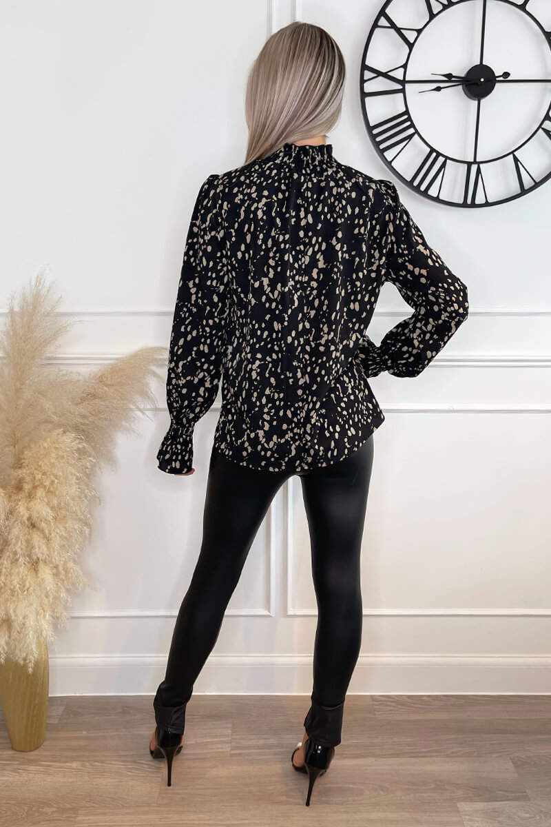 Black and Stone Animal Print High Neck Blouse - Image 5
