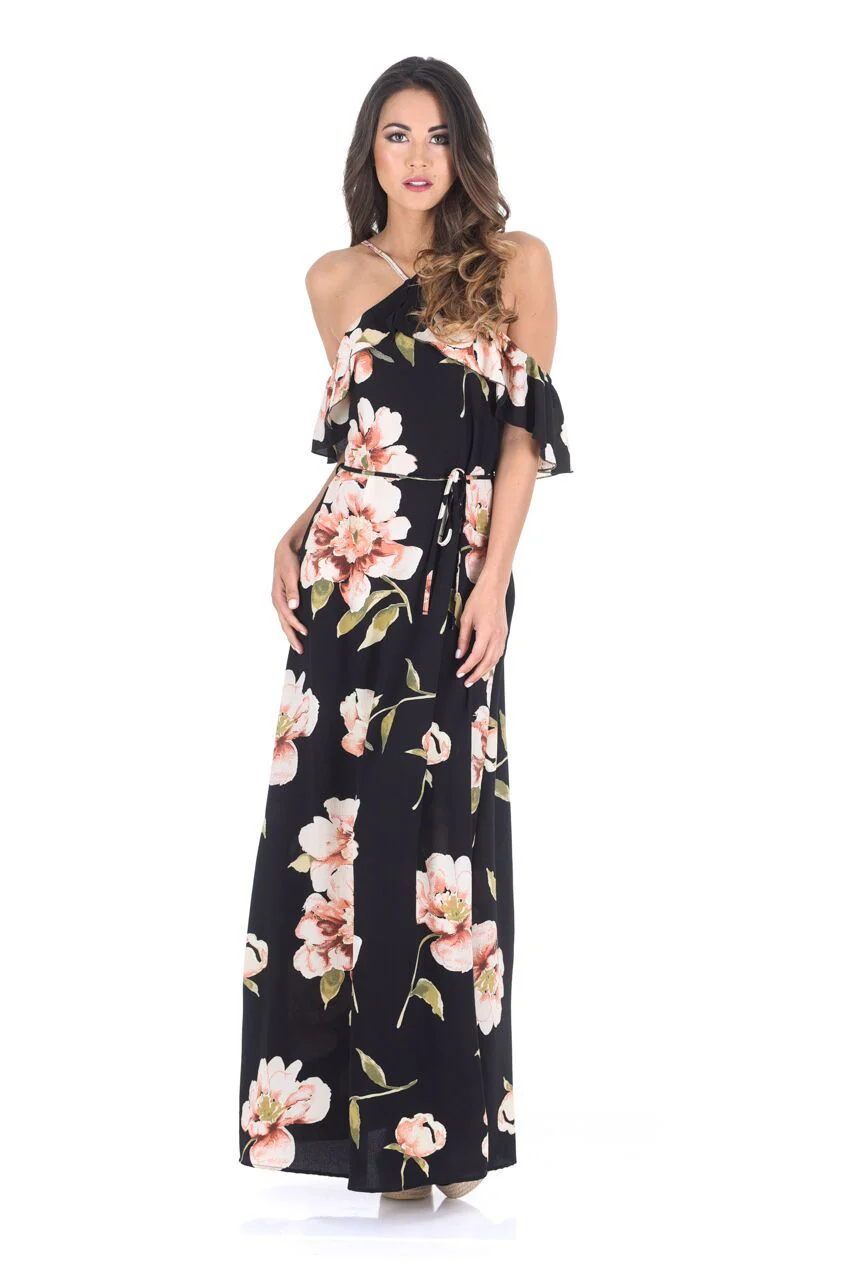 Black Strappy Floral Patterned Maxi Dress - Image 2